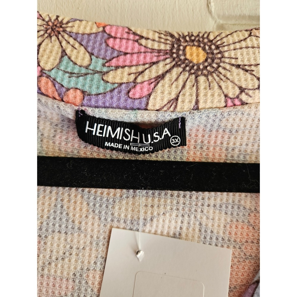 Heimish USA Floral Waffle Knit Top 3XL Multi Color Daisy V-Neck Short Sleeve NEW - Picture 2 of 3